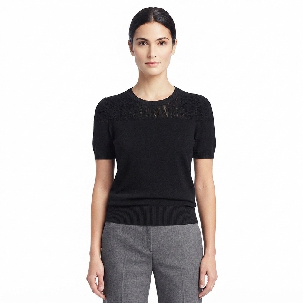 Kancy Kole Sweater Womens Large Black Short Puff Sleeve Knit Pointelle‎ Yoke